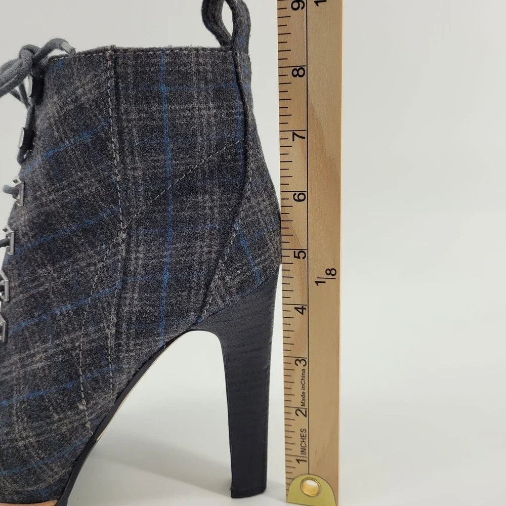 Gianni Bini Tosti Grey Plaid Lace Up Stiletto Platform Ankle Boots Womens 7M